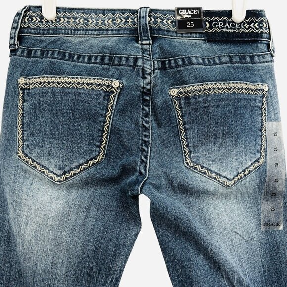 NWT GRACE in LA Women Embroidered Skinny Low Rise Stretch Blue Denim Jeans Sz 25 - Picture 4 of 12